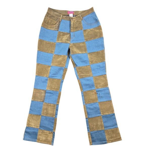 Cream Denim - Cream Vintage Checkerboard Patchwork Flared Jeans Blue Olive Green Women Size 12